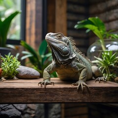 Fototapeta premium Tranquil Moment: Iguana Relaxing in Indoor Terrarium Surrounded by Natural Elements
