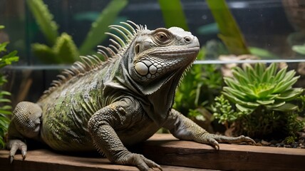 Relaxed Iguana Basking in Cozy Indoor Terrarium with Rocks, Plants, and Water Dish