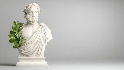 Obraz premium Ancient Bust adorned by foliage, placed in studio. Classical art background generative AI