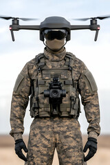Armed soldier with drone technology for military surveillance, desert environment generative AI