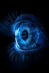 Artificial eye close-up with digital circuits for future tech or medical use generative AI