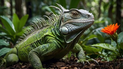 Fototapeta premium Jungle Elegance: Iguana Roaming Through Flower-Filled Jungle Clearing