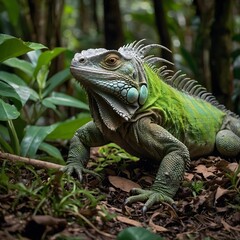 Fototapeta premium Majestic Iguana in Vibrant Jungle Clearing Surrounded by Colorful Flowers