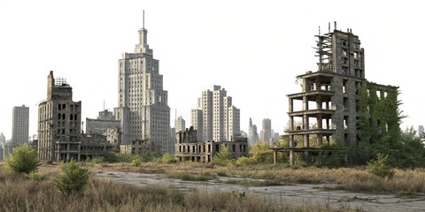 Fototapeta premium Post-Apocalyptic Cityscape Ruined Buildings, Overgrown Landscape, 3D Render, Digital Art, Apocalypse, Ruins Post-Apocalyptic, 3D render