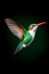 Fototapeta premium Hummingbird flying with wings spread against a dark background, for nature display generative AI