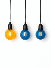 Ideas concept. Vivid bulbs hang. One stands out, contrasting,  illuminating generative AI