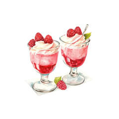 Strawberry and cream dessert in a glass bowl Watercolor illustration on a white background