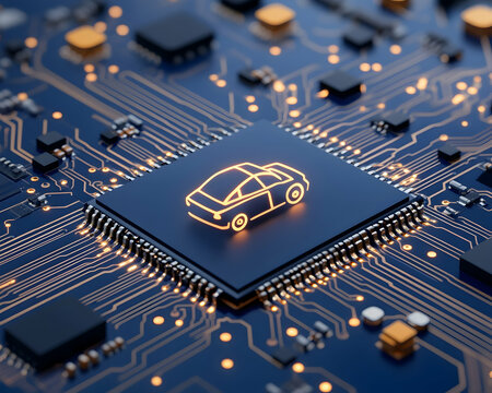 Autonomous car icon on microchip representing vehicle technology future generative AI