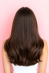 Naklejka premium Back view of a woman with long, wavy, brown hair against a pink background generative AI