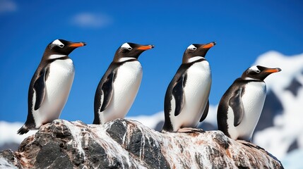 Fototapeta premium Antarctic penguins rocky outcrop mountains sunny day wildlife documentary