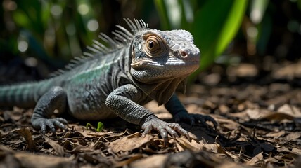 Obraz premium Baby Iguana Emerging from Tropical Forest Shadows in Lush Natural Habitat