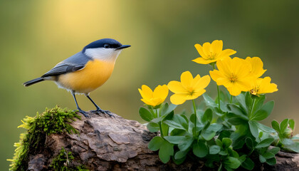 Naklejka premium Bird perched near flowers in forest for nature concept and ornithological use generative AI