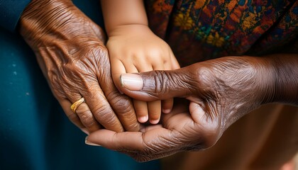 Fototapeta premium A touching top-down close-up captures the tender connection between a Black senior woman and a little girl as their hands gently clasp together. 