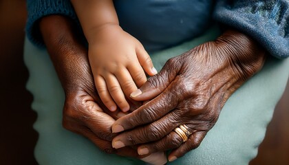 Fototapeta premium A touching top-down close-up captures the tender connection between a Black senior woman and a little girl as their hands gently clasp together. 