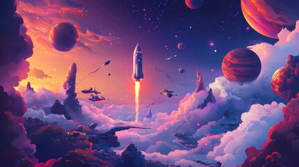 Fototapeta premium Space exploring cartoon vertical banners, cute friendly alien, ufo saucer, astronaut, planets, rocket or shuttle in galaxy. Fantasy cosmic backgrounds with Universe objects, vector illustration, set