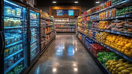 Naklejka premium A vibrant grocery aisle showcasing fresh produce and various packaged goods under bright lights