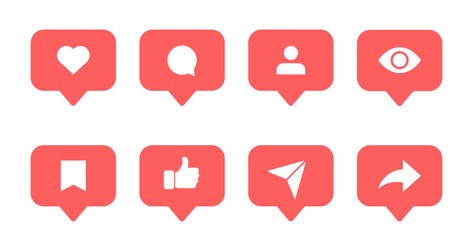 Social Media Like, Comment, Share, and Save Icons in Red and White Minimalistic Style for UI, Web, and App Design. Vector Illustration