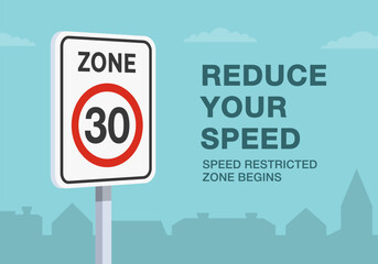 Safe driving tips and traffic regulation rules. Close-up of european "speed limit zone" sign meaning. Reduce speed, speed restricted zone begins. Flat vector illustration template.