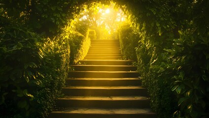 Sunlit Steps Through Lush Garden Pathway