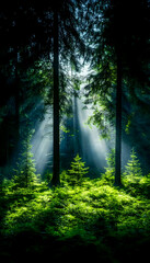 Obraz premium Light rays shine on trees and green moss in a mysterious forest. Editorial use generative AI