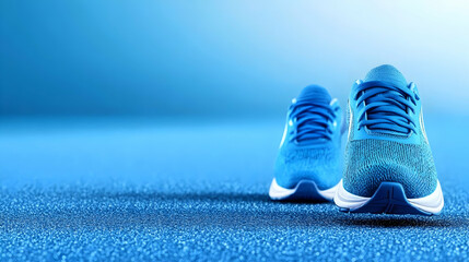 Blue sneakers for running fitness, in minimal bright studio setting. Active ad use generative AI