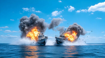 Boats explode at sea, destruction, marine scene, sunny sky. Action footage generative AI