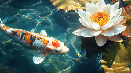 A koi fish and lotus flower, swimming in the water