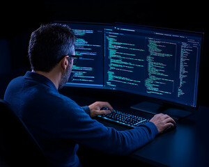 Man coding on dual monitors at dark workspace. Could be used for tech ads generative AI