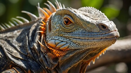 Fototapeta premium Close-Up of Iguana’s Face with Vibrant Orange Eyes and Intricate Scales in Sunlight