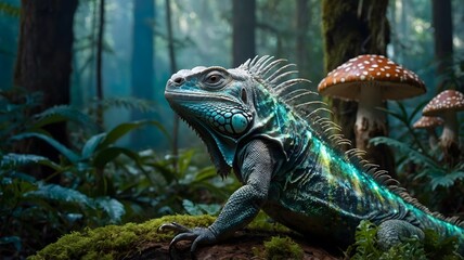 Fantasy Serenity: Iguana Perched on Mushroom with Glowing Iridescent Scales in Enchanted Forest