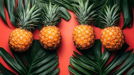 Vibrant Tropical Still Life with Pineapples and Palm Leaves on Festive Red Backdrop Aromatic Freshness and Exotic Flavors Highlighted