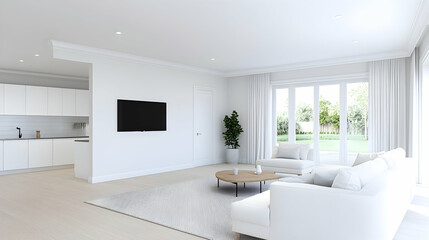 Fototapeta premium Bright living room and kitchen in a house by a sunny garden; home decor generative AI