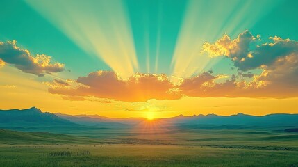 Fototapeta premium Sun rays burst through clouds over a mountain valley at sunset, creating a serene landscape ideal for travel brochures