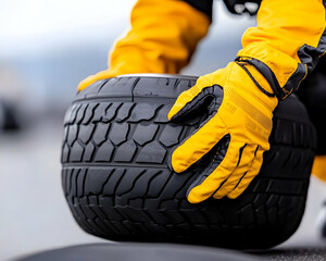 Mechanic changing tire on racing track for race. Automotive engineering work generative AI