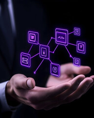 Fototapeta premium Business Man Presenting Virtual Network Structure, Online Data Sharing Concept generative AI