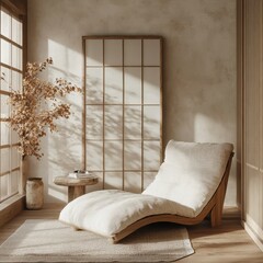 Comfortable lounge chair sits beside a textured wall and window