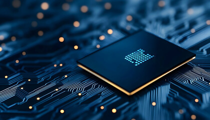 Microchip on circuit board shows technology concepts & future trends generative AI
