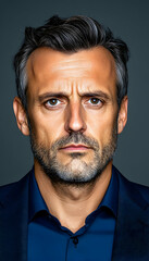Obraz premium Middle aged man with serious gaze, headshot portrait. Studio gray backdrop generative AI