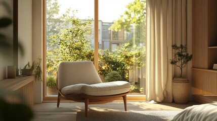 Fototapeta premium Bright modern room featuring a cozy chair with natural light