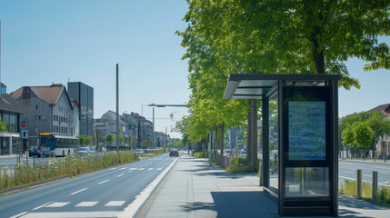 Bus stop with shelter on city street. Urban landscape with public transport station, house, office and hospital buildings, car road with pedestrian crosswalk, vector cartoon illustration