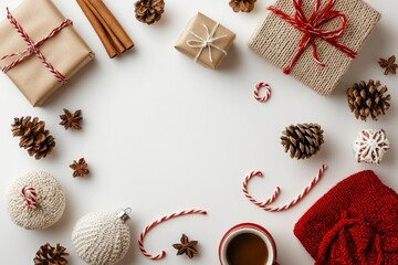 Fototapeta premium Gifts and decorations arranged on white surface with copy space for Christmas use