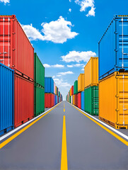 Fototapeta premium Cargo containers line road, ready for shipping globally. Blue sky background generative AI
