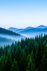 Fototapeta premium Misty forest with mountain range at sunset. Can be used for travel ads generative AI
