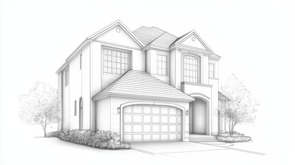 Modern house front elevation, architectural sketch, blueprint and design visualization