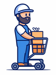 Cartoon delivery man pushes cart holding boxes; package delivery service concept generative AI