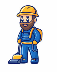 Cartoon handyman vacuums, wearing helmet, cleaning services, housework, occupation generative AI