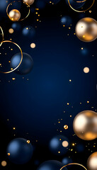 Fototapeta premium Celebration background. Gold rings and spheres float on a dark blue background generative AI
