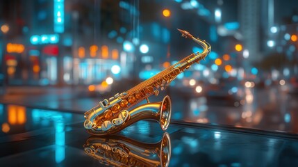 Golden saxophone rests on city street, night bokeh, music promotion