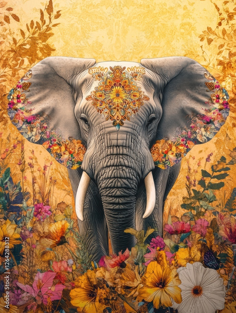 Aufkleber majestic elephant adorned with floral patterns surrounded by vibrant flowers in a golden background.