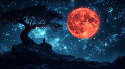 Fototapeta premium Beneath A Fiery Celestial Body and Twinkling Cosmic Skies Contemplating Solitude at Night Against the Backdrop Of the Moon's Mystic Glow